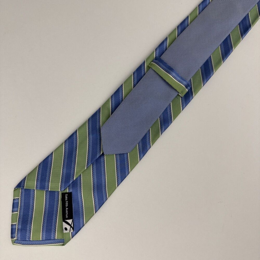 SAKS FIFTH AVENUE Men's 100% Silk XL Necktie Designer STRIPED Blue/Green